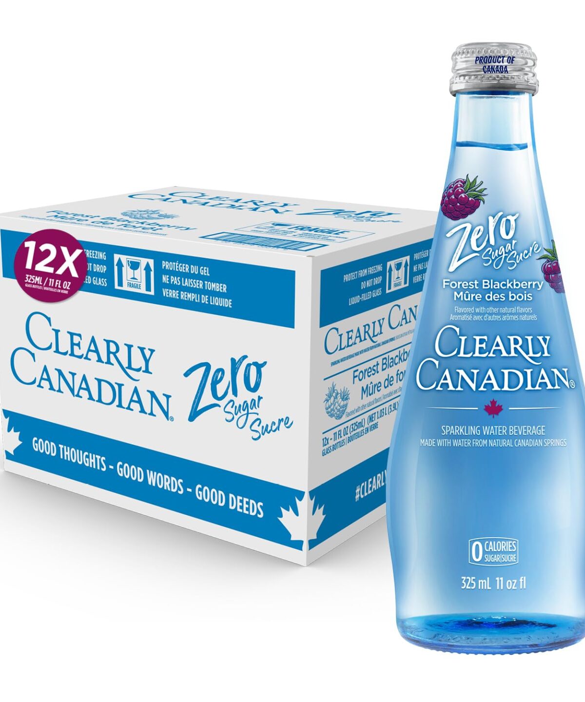 Clearly Canadian Zero Sugar Forest Blackberry Sparkling Water Beverage, Zero Sugar & Zero Calories, 1 Case (12 Bottles x 325mL)