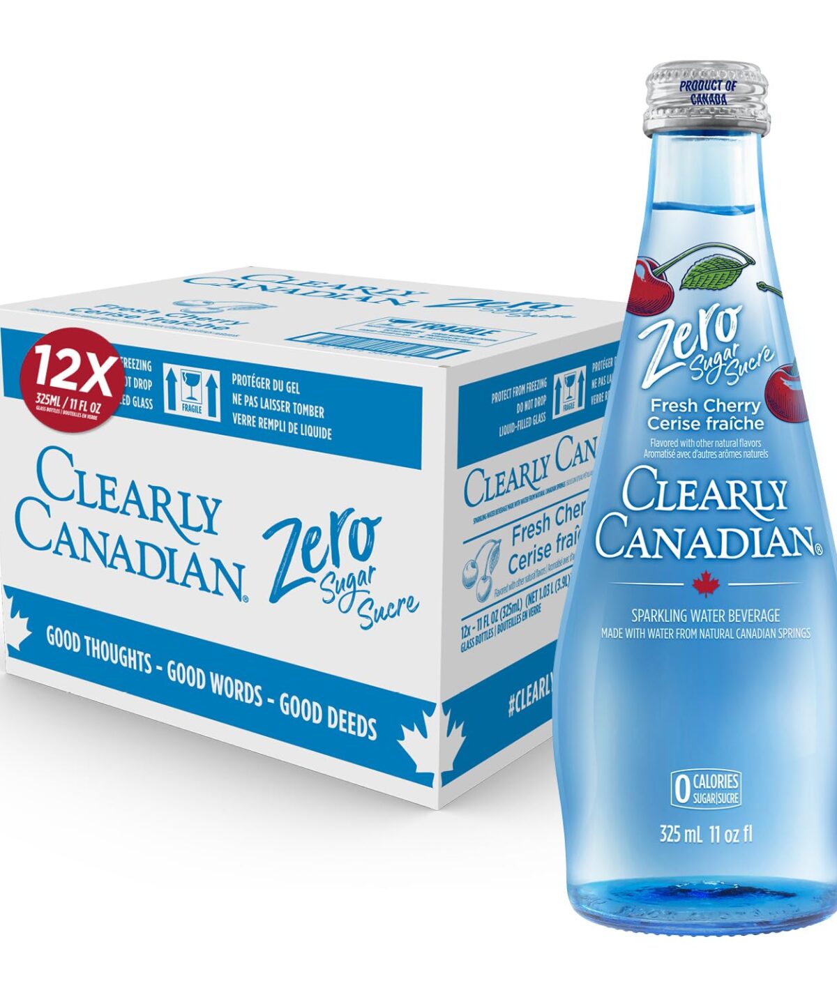 Clearly Canadian Zero Sugar Fresh Cherry Sparkling Water Beverage, Zero Sugar & Zero Calories, 1 Case (12 Bottles x 325mL)