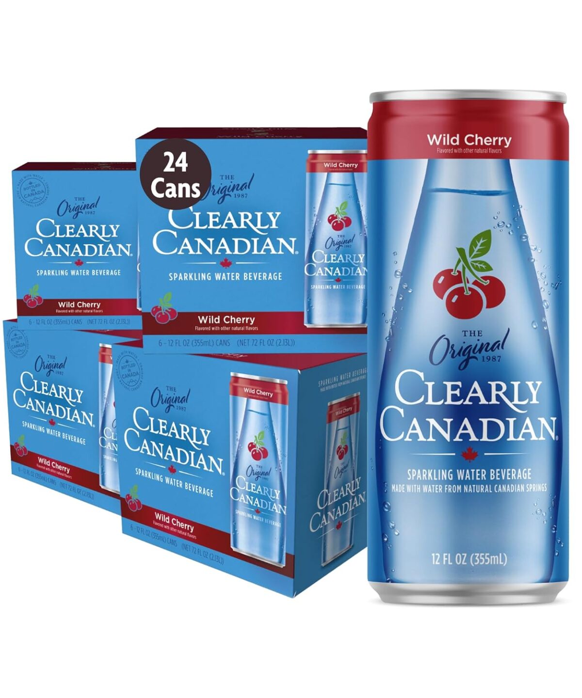 Clearly Canadian Wild Cherry Sparkling Spring Water Beverage, Natural & Carbonated, Flavored Seltzer Water, 1 Case (24 cans x 12 fl oz)
