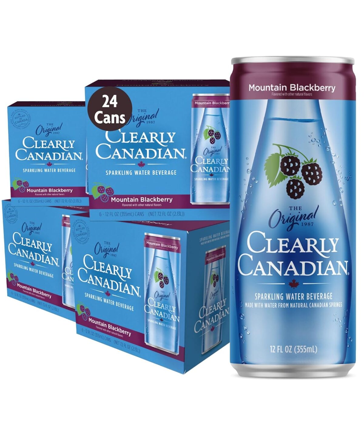 Clearly Canadian Mountain Blackberry Sparkling Spring Water Beverage, Natural & Carbonated, Flavored Seltzer Water, 1 Case (24 cans x 12 fl oz)