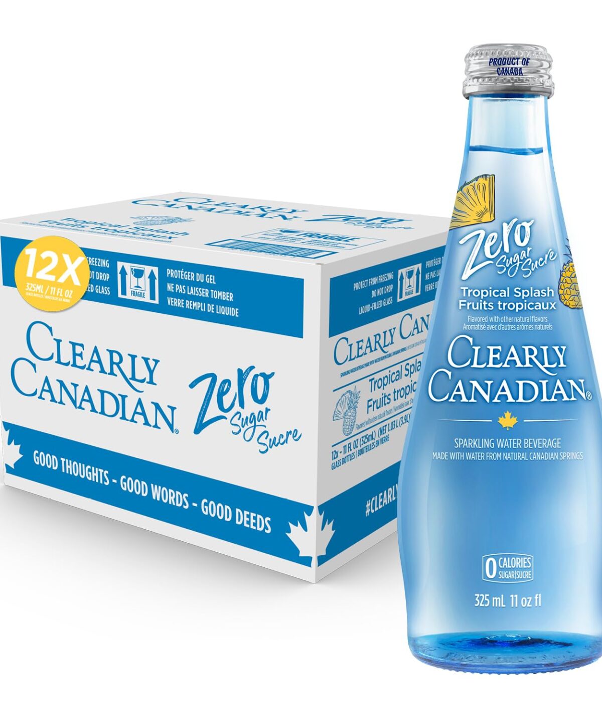 Clearly Canadian Zero Sugar Tropical Splash Sparkling Water Beverage, Zero Sugar & Zero Calories, 1 Case (12 Bottles x 325mL)