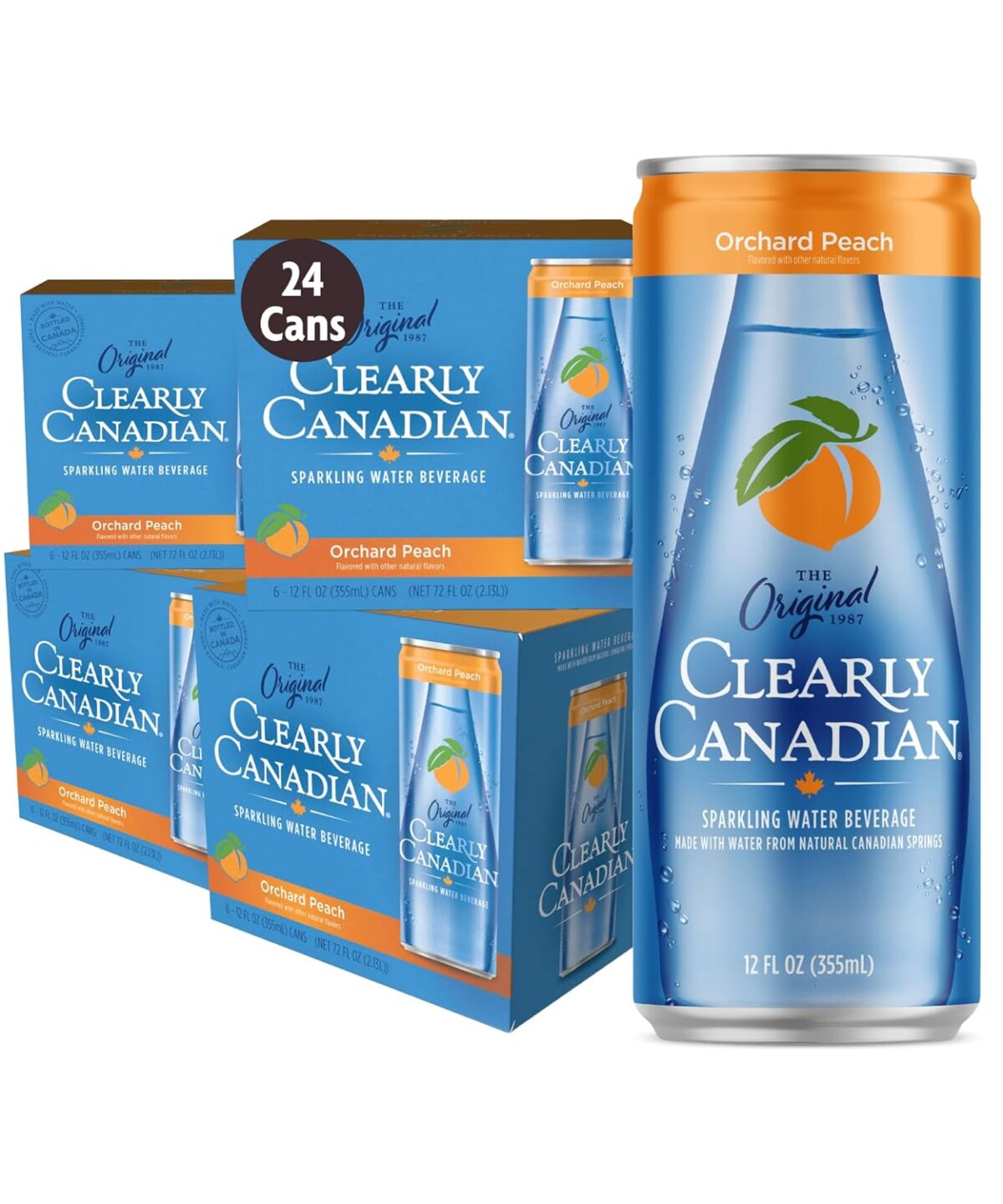 Clearly Canadian Orchard Peach Sparkling Spring Water Beverage, Natural & Carbonated, Flavored Seltzer Water, 1 Case (24 cans x 12 fl oz)