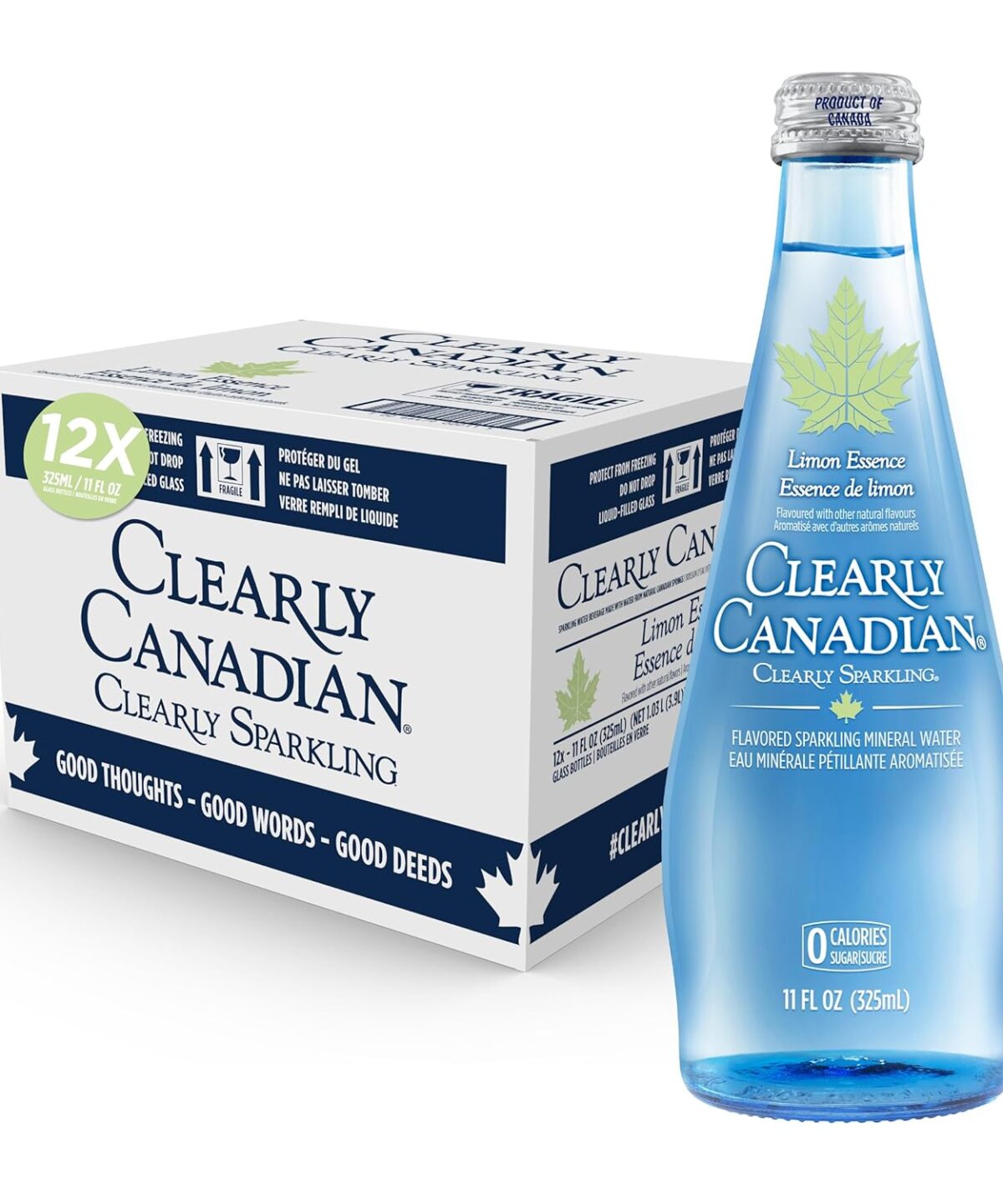 Clearly Canadian Clearly Sparkling Limon Essence Unsweetened Flavored Sparkling Mineral Water, Zero Sugar & Zero Calories, 1 Case (12 Bottles x 325mL)