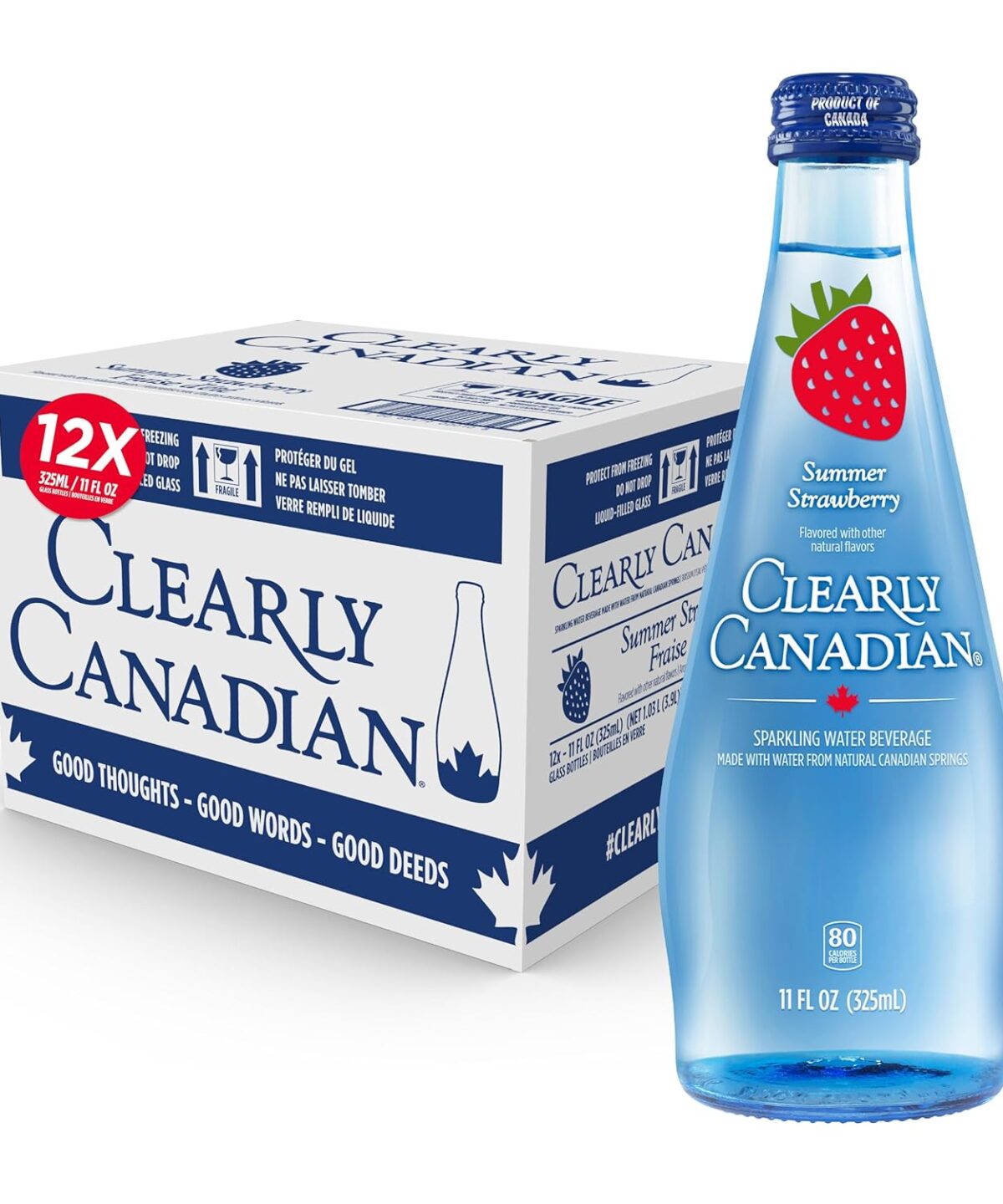 Clearly Canadian Summer Strawberry Sparkling Spring Water Beverage, Natural & Carbonated. 1 Case (12 Bottles x 325mL)