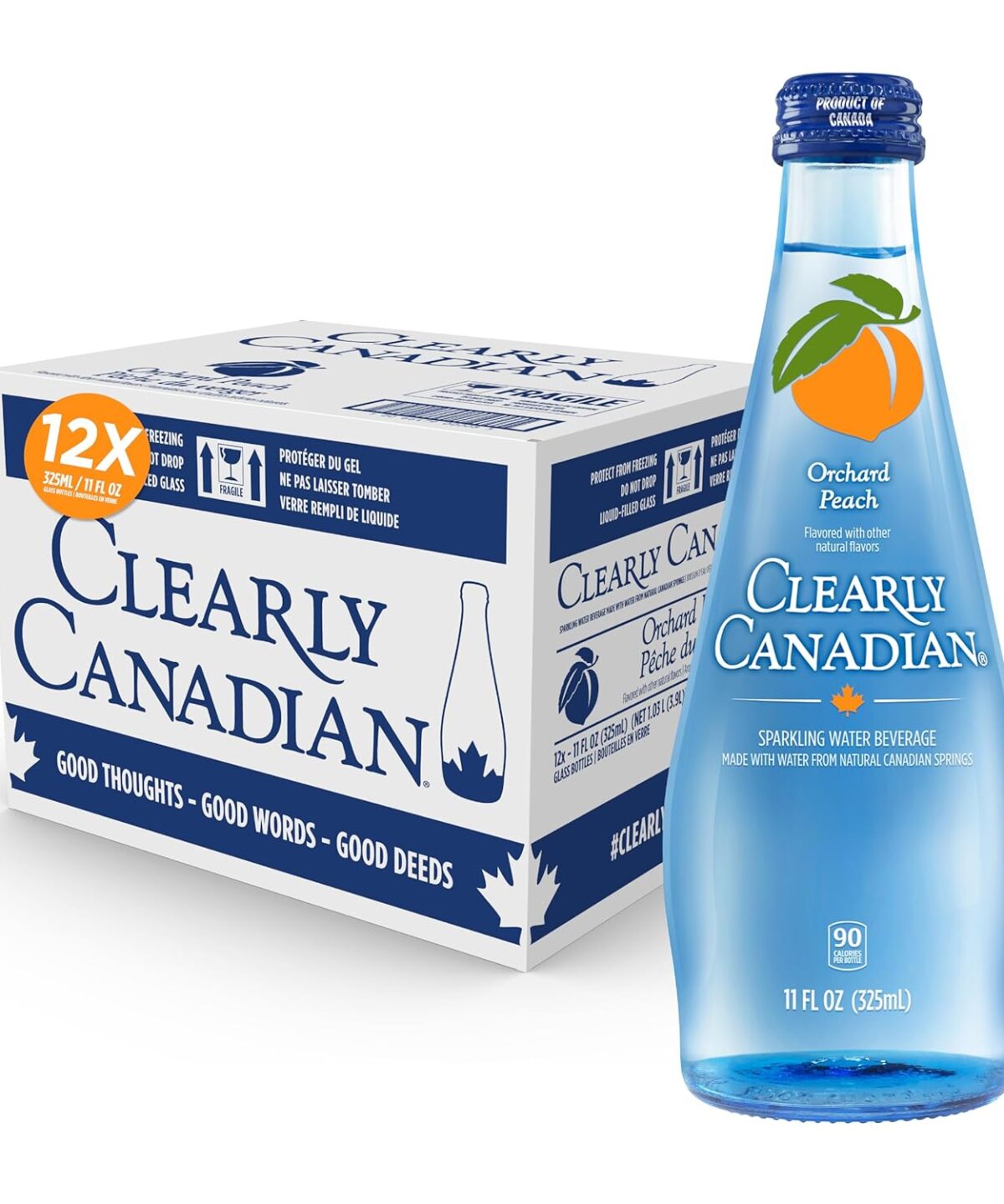 Clearly Canadian Orchard Peach Sparkling Spring Water Beverage, Natural & Carbonated, Flavored Seltzer Water, 1 Case (12 Bottles x 325mL)